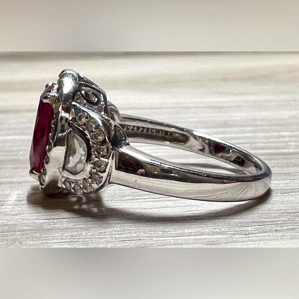 Designer Signed FE Sterling Silver Red & Clear Cubic Zirconia Halo Ring, Size 7 - Picture 3 of 11